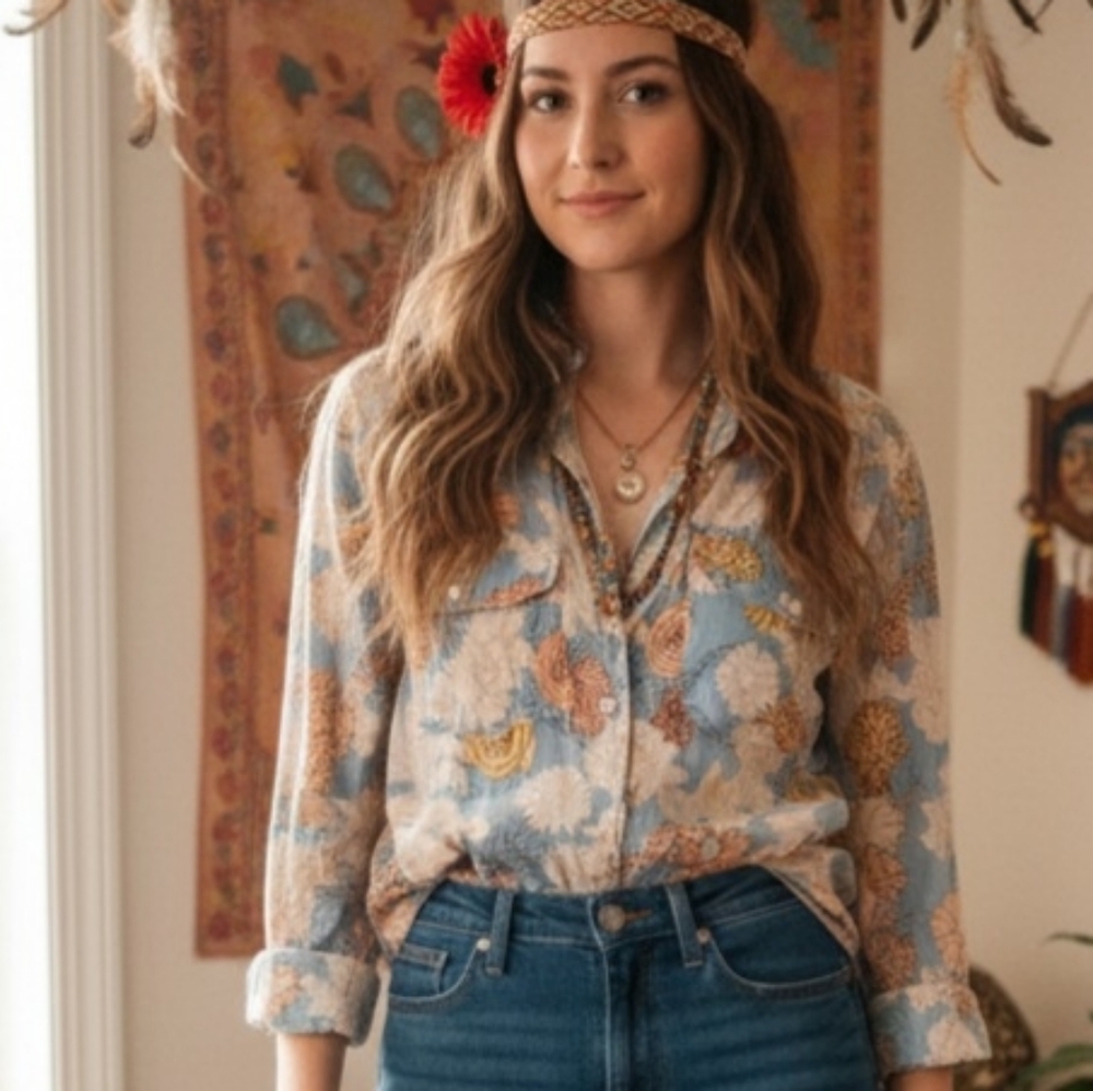 MAHOGANY💐Floral COTTON Button Down Shirt in Blue, Yellow, Peach&Cream SZ M